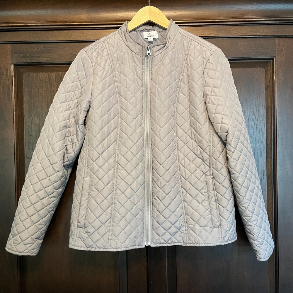 Kim Rogers Light Gray Quilted Lightweight Fall Jacket Womens M Pockets Minimal